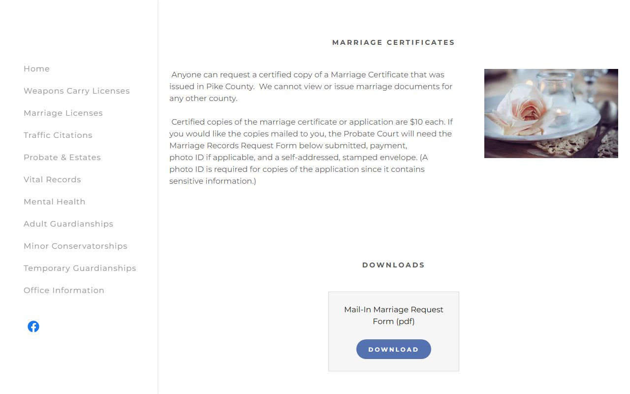 Pike County marriage records certificate request page from Probate Court